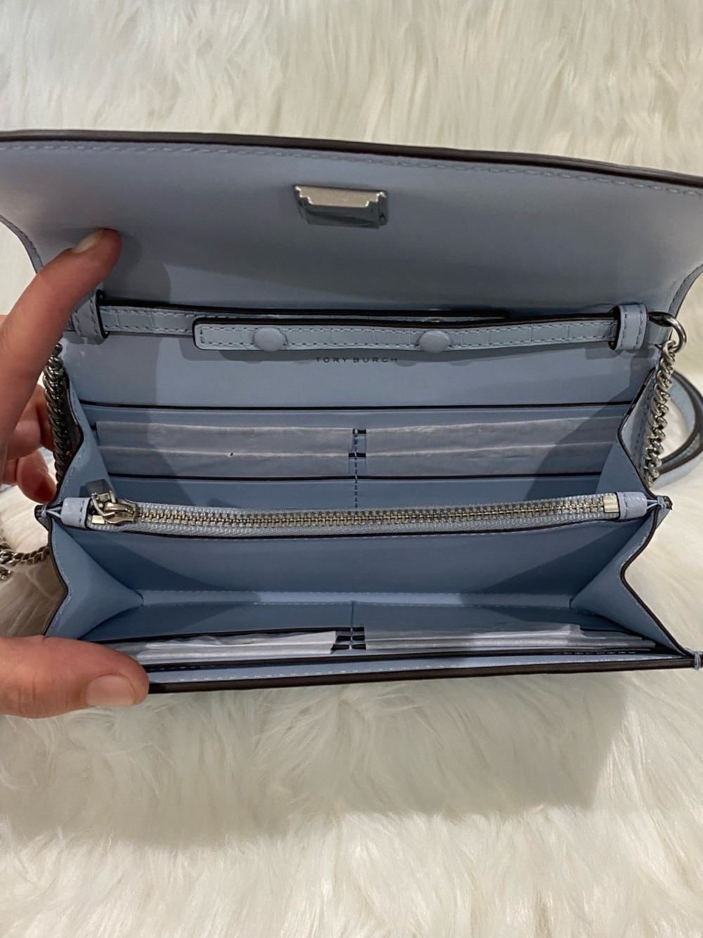 Tory Burch Light Blue Croc-Embossed Chain Crossbody - Picture 6 of 9